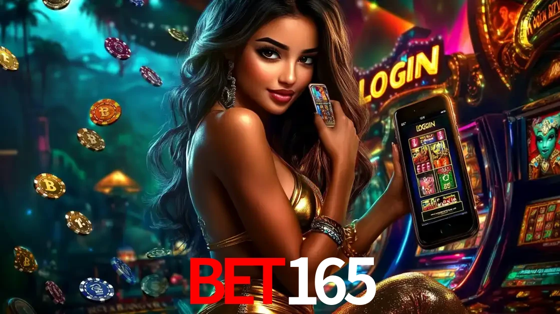 Mulher em um cenário de cassino temático de aventura, mostrando o app de caça-níqueis da BET165 no celular. Fichas de apostas flutuam ao redor.