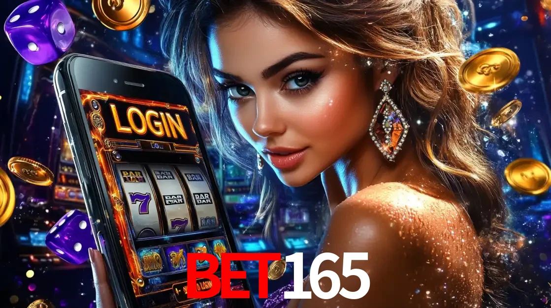 Mulher glamorosa segurando um smartphone com a tela de login para os jogos de caça-níqueis do cassino online BET165, com moedas de ouro e dados ao redor.