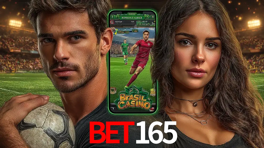 Homem segurando uma bola de futebol e uma mulher ao lado de um smartphone exibindo o jogo de apostas esportivas da BET165. Faça seu palpite no cassino online.